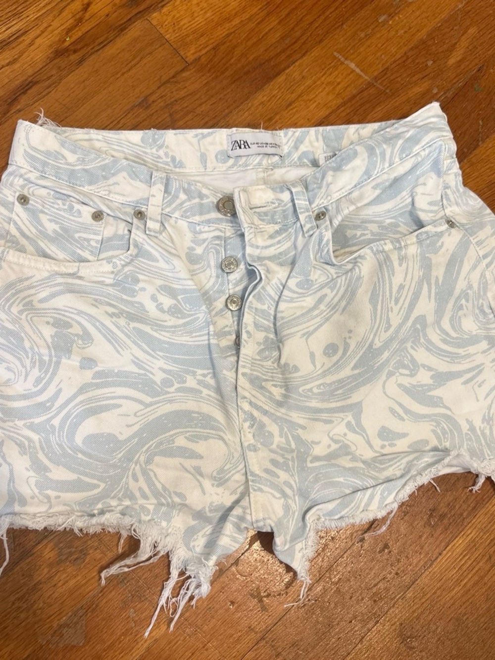 Zara Marble Swirl Light Blue and White Denim Shorts